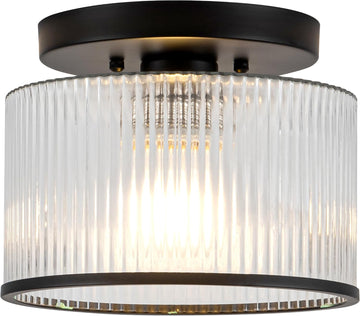 Glass Ceiling Light, Clear Ribbed Glass Ceiling Light Fixture with Black Metal Frame, Modern Semi Flush Mount Ceiling