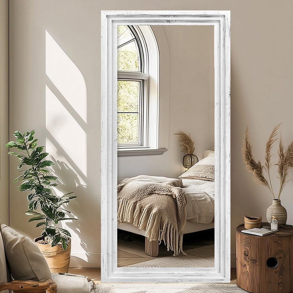 Full Length Mirror, 71 x 30 Inch Solid Wood Floor Mirror, White