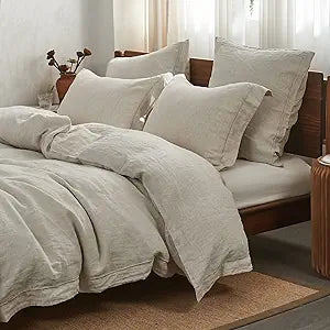 100% French Flax Linen Duvet Cover Set with Embroidery Washed - 3 Pieces (1 Duvet Cover with 2 Pillow Shams) with - Set of 3