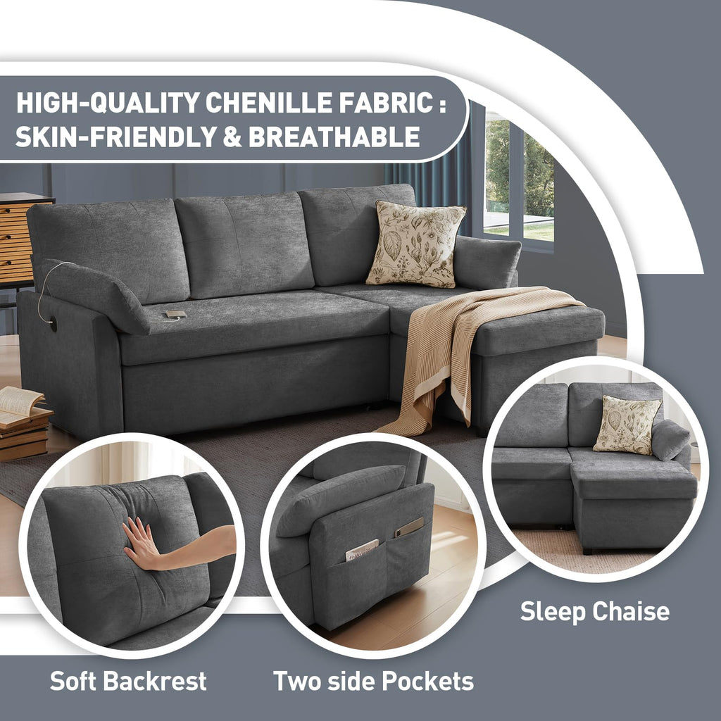 85" L Shaped Sectional Sofa Couch, Pull Out Couch Sleeper Sofa Bed, Soft Chenille Deep Seat Sofa, Reversible Chaise