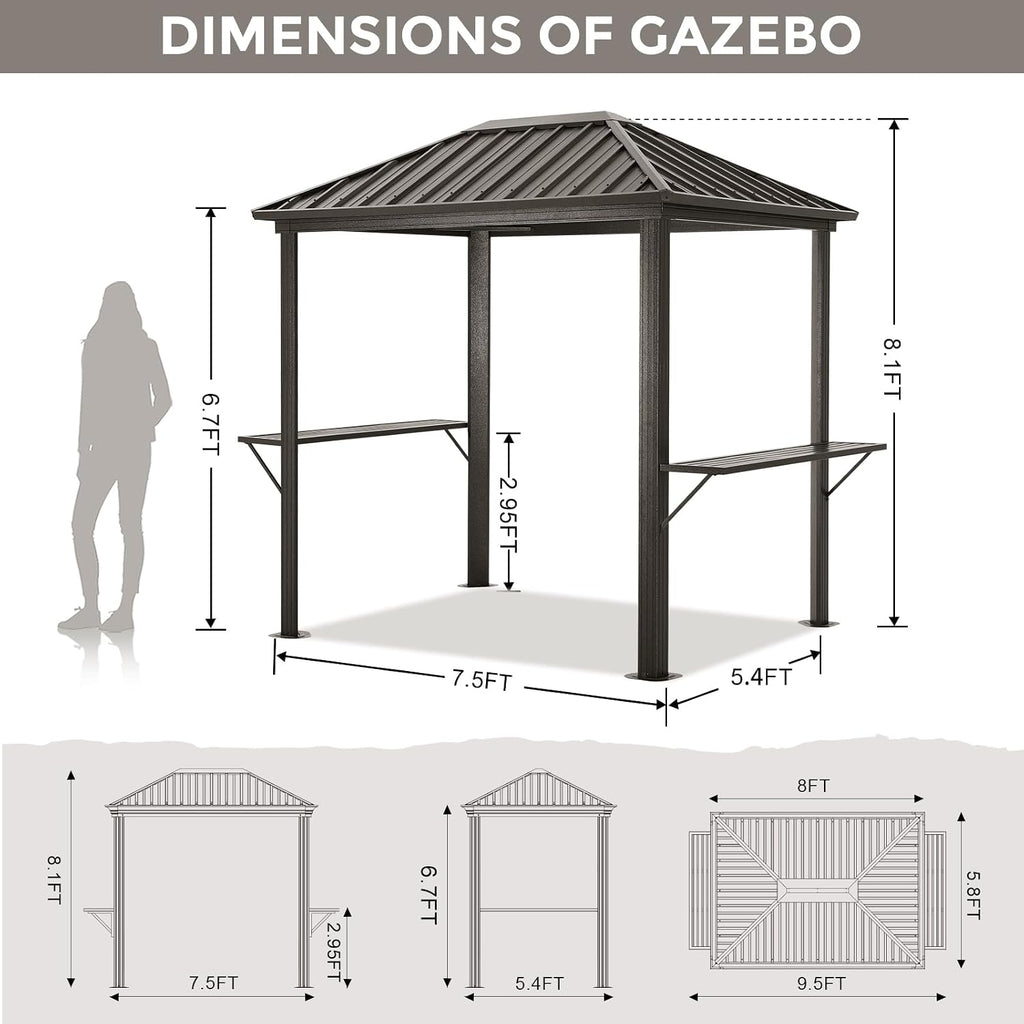 6x8 Grill Hardtop Gazebo - Outdoor Permanent Barbecue Gazebo with Galvanized Steel Roof