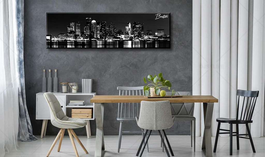 Boston Canvas Wall Art Black White Cityscape Decor 13.8"x47.3" | Panoramic Skyline Print, Ready to Hang Decoration