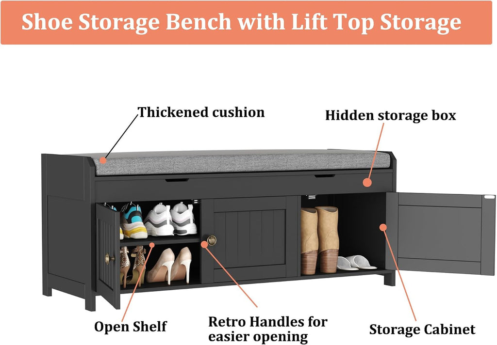 41.3" Shoe Bench with Lift Top Storage, Entryway Bench with Cushioned Seat, Wooden End of Bed Bench, Shoe Cabinet