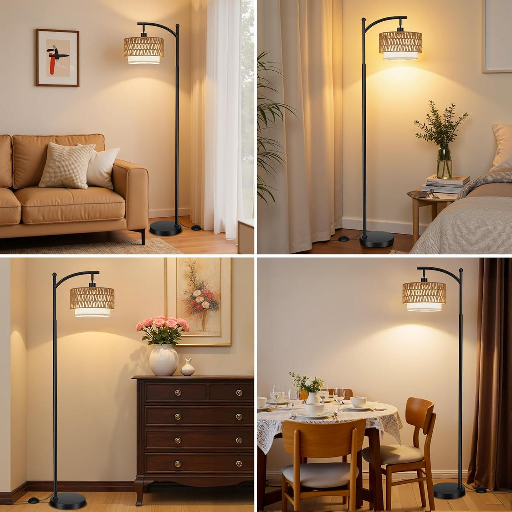 Arc Floor Lamp with Remote, Boho Standing Lamp with Rattan & Linen Shades, Color Temperature & Dimmable Bulb