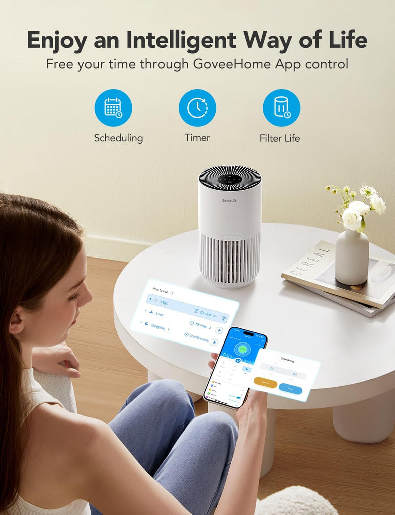 Mini Air Purifier for Bedroom, Smart Filter Air Purifier with App Alexa Control for Pet Hair, Odors,