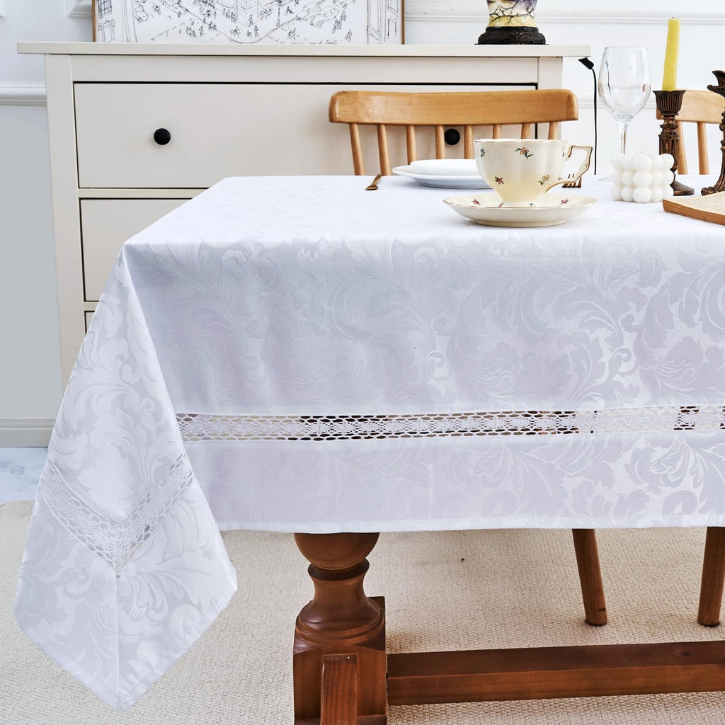 Heavy Duty Fabric Tablecloth with White Lace-Waterproof/Wrinkle Free/Stain Resistant/Oil Proof