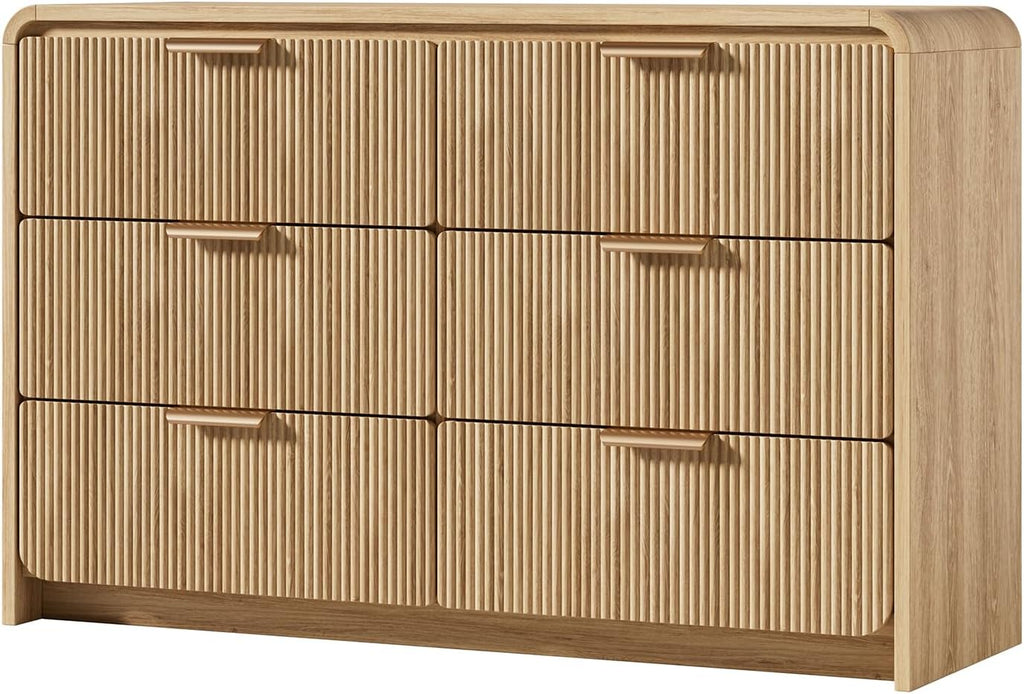 Fluted 6 Drawer Dresser, 47" Wide Wooden Storage Chest with Rounded Curved Corners and Gold Handles, Natural Oak Wood