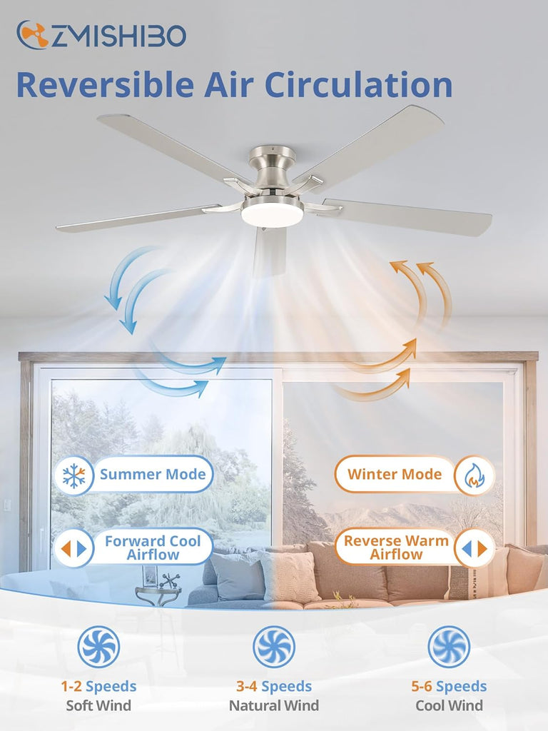 60 Inch Ceiling Fan with Light, App&Remote Control, Flush Mount Low Profile, Dimmable 20W LED Light, Quiet Reversible Motor for Bedroom, Living Room, Apartment, Nickel