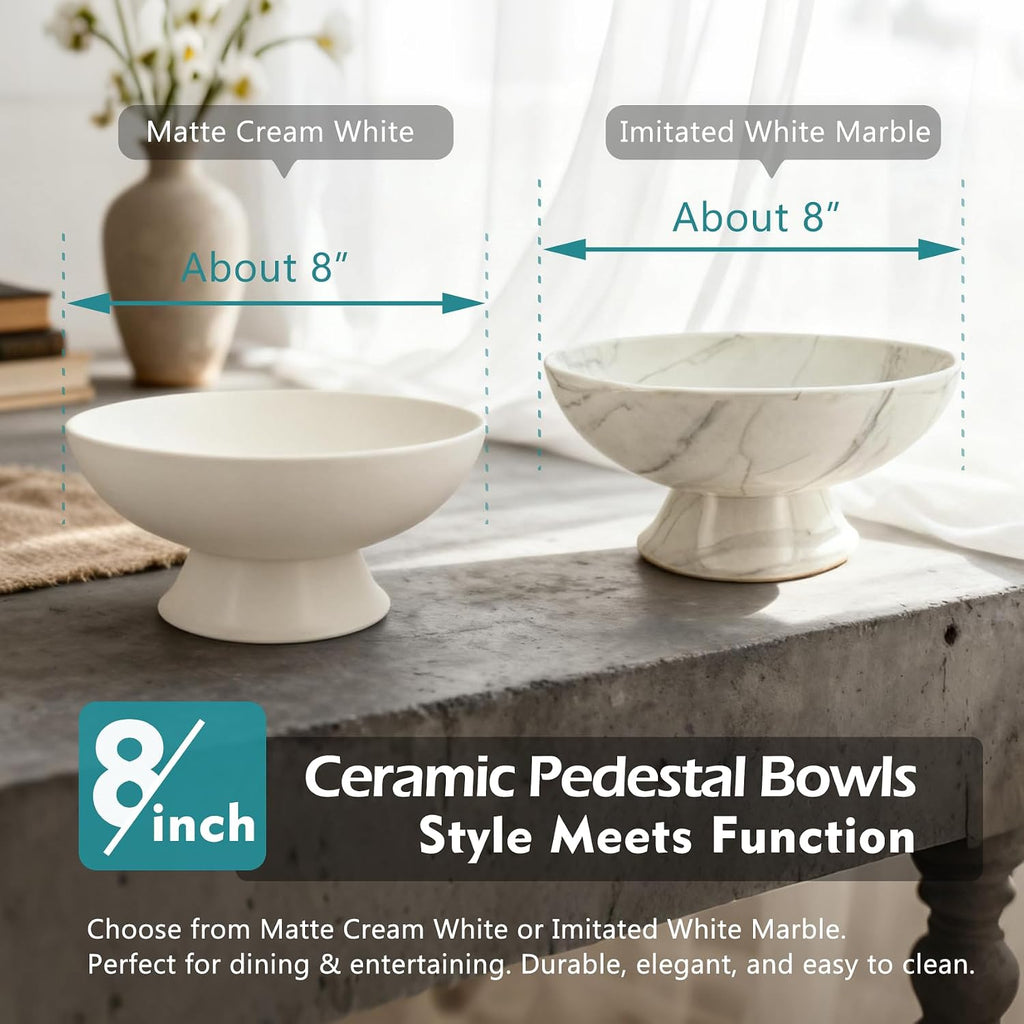 White Marble Texture Pedestal Decorative Bowl - Minimalist Decorative Fruit Bowl Counter, Entryway,Multi-Purpose