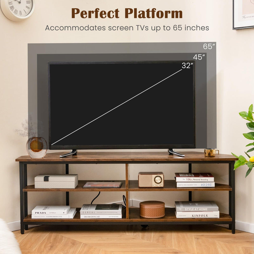 Corner TV Stand for TVs up to 65", TV Console Table w/AC Outlets, USB A Ports, USB C Port, Metal Frame & Storage