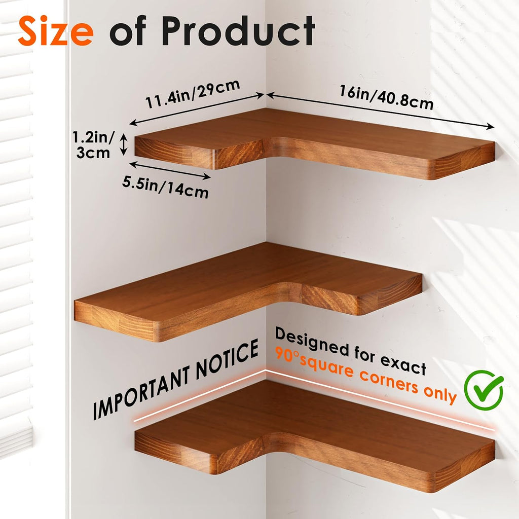 Corner Floating Shelves for Wall Mounted Natural Solid Wood 16"x11.4" Farmhouse Home Decor Display Shelving Set of 3