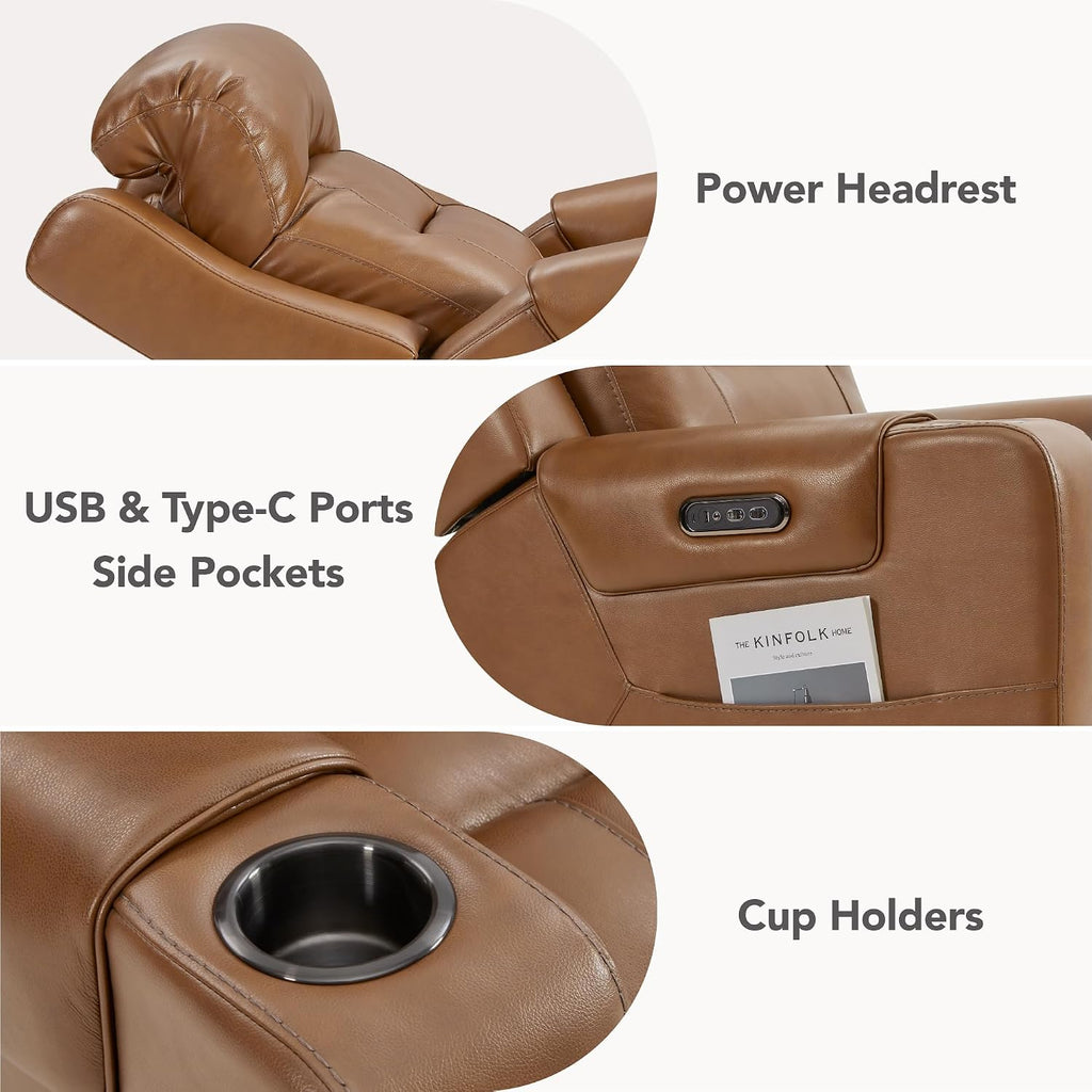 Genuine Leather Power Recliner Chairs for Adults, Lay Flat Recliner with Power Headrest, USB Ports and Cup Holders