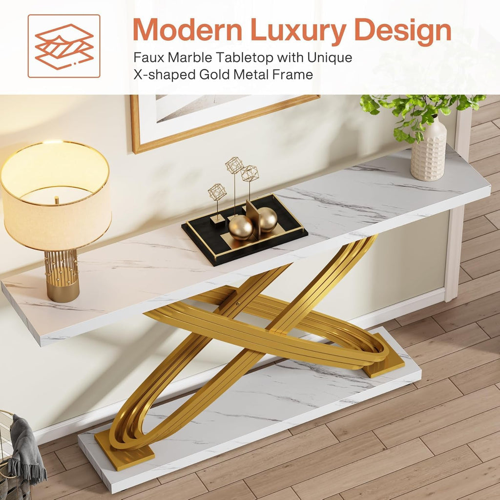 55 Inch Modern Console Table, Gold Entryway Table Behind Sofa Couch, Narrow Rectangular Sofa Table , Front Hall