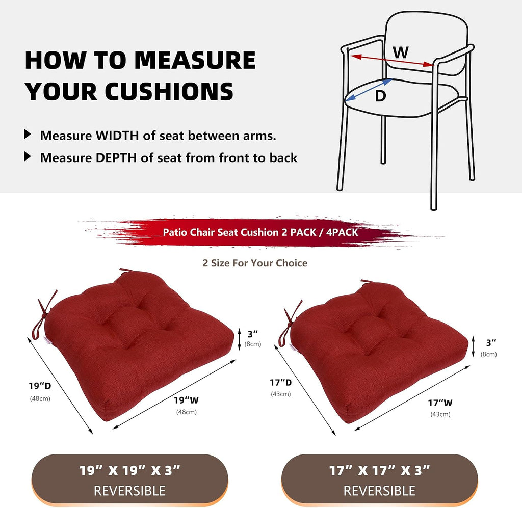 Patio Chair Cushions 19x19 4 Pack, Thickened Outdoor Seat Cushions Water Resistant Stain Resistant Non-Slip Ties (Red)