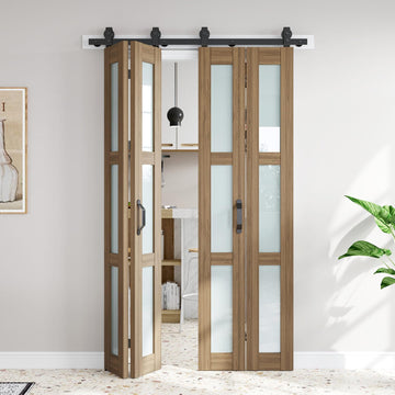 Bifold Barn Doors 48X84(12x84) Frosted Glass, Brown Bifold Doors