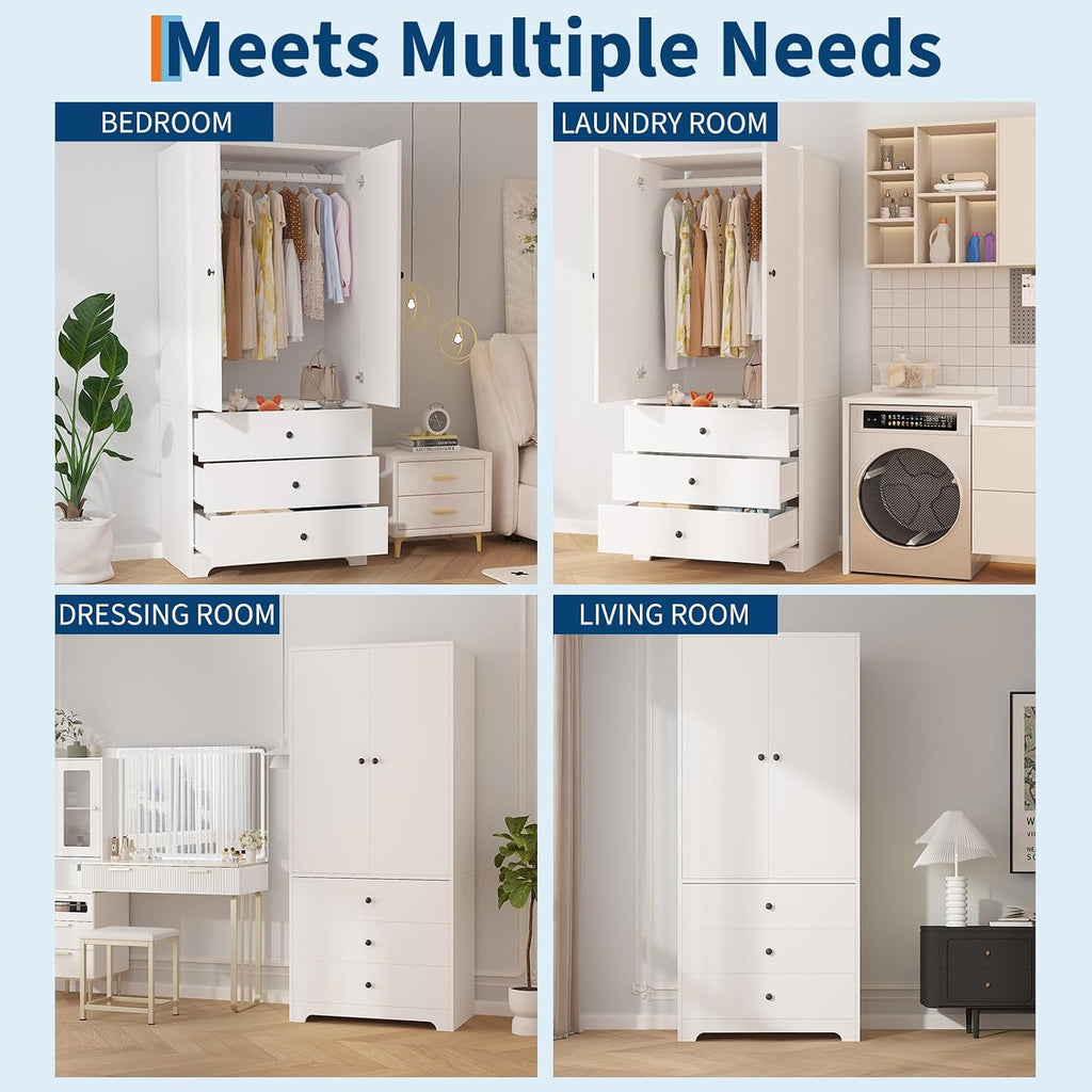 71" Armoire Wardrobe Closet, Bedroom Armoire Clothing Storage Cabinet | 3 Drawers & 2 Doors and Adjustable Shelves