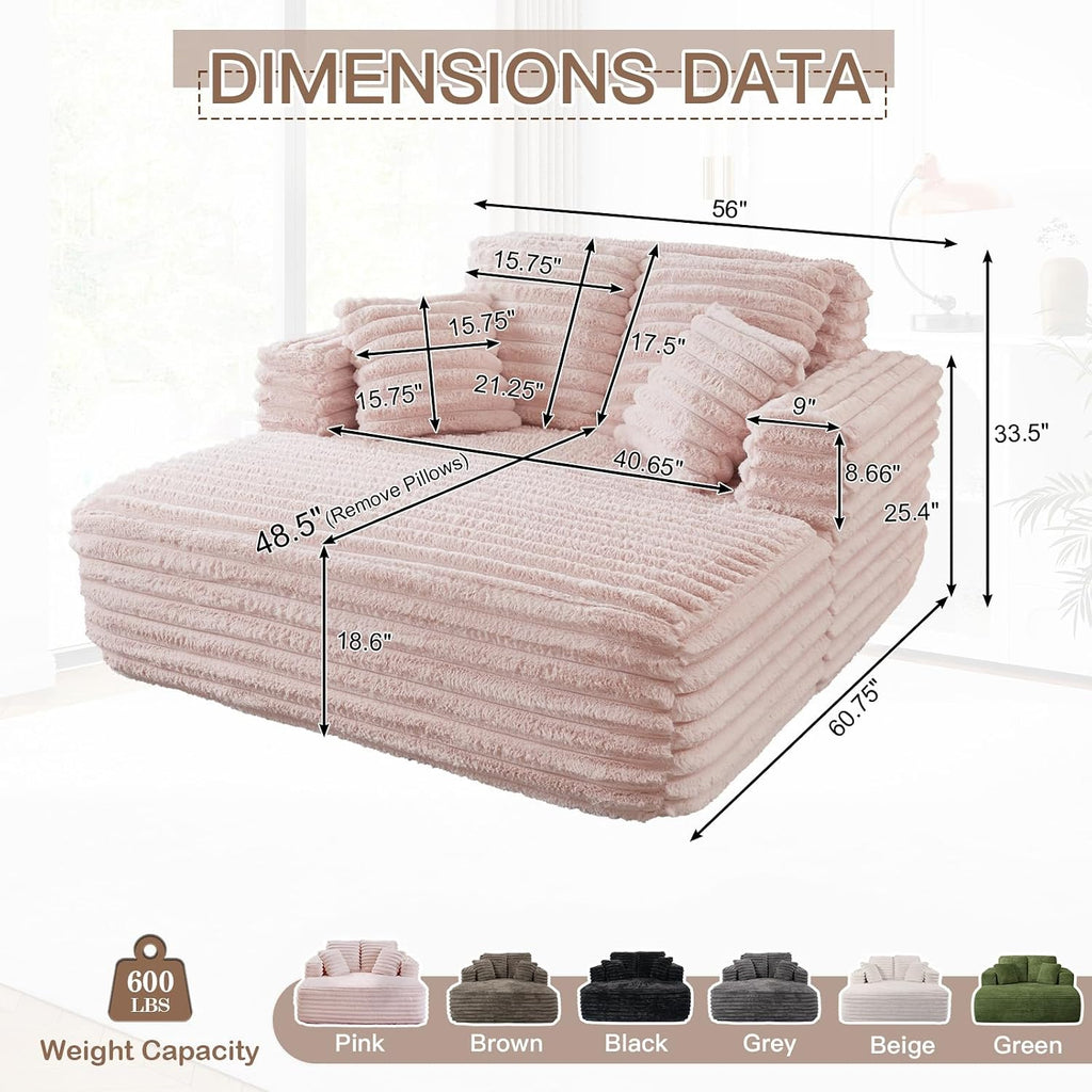 56" Oversized Chaise Lounge Chair Indoor,Plush Faux Fur Sleeper Sofa Couch Bed with Pillows&Wide Armrests,Fluffy