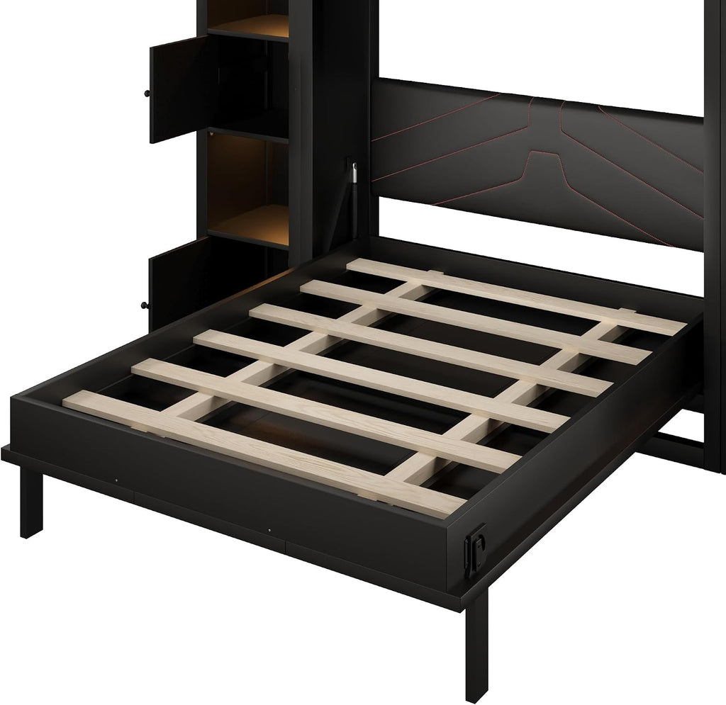 Queen Murphy Bed with Storage Shelf, Space Saving Hidden Wall Bed Cabinet with LED Lights, Foldable Murphy Beds with