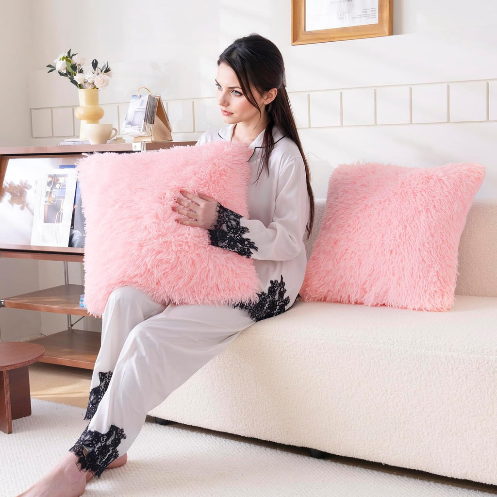 Faux Fur Pink Throw Pillow Covers, Fluffy Soft Fuzzy Decorative Pillow Cases Cute Pillowcases, Zipper Closure, Set of