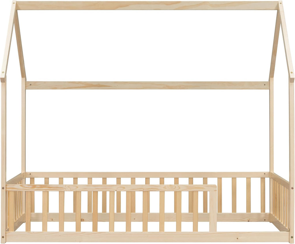 Twin Size Kids Bed Frame with Rails, Twin Montessori beds for Kids, House Bed for Boys Girls, Natural