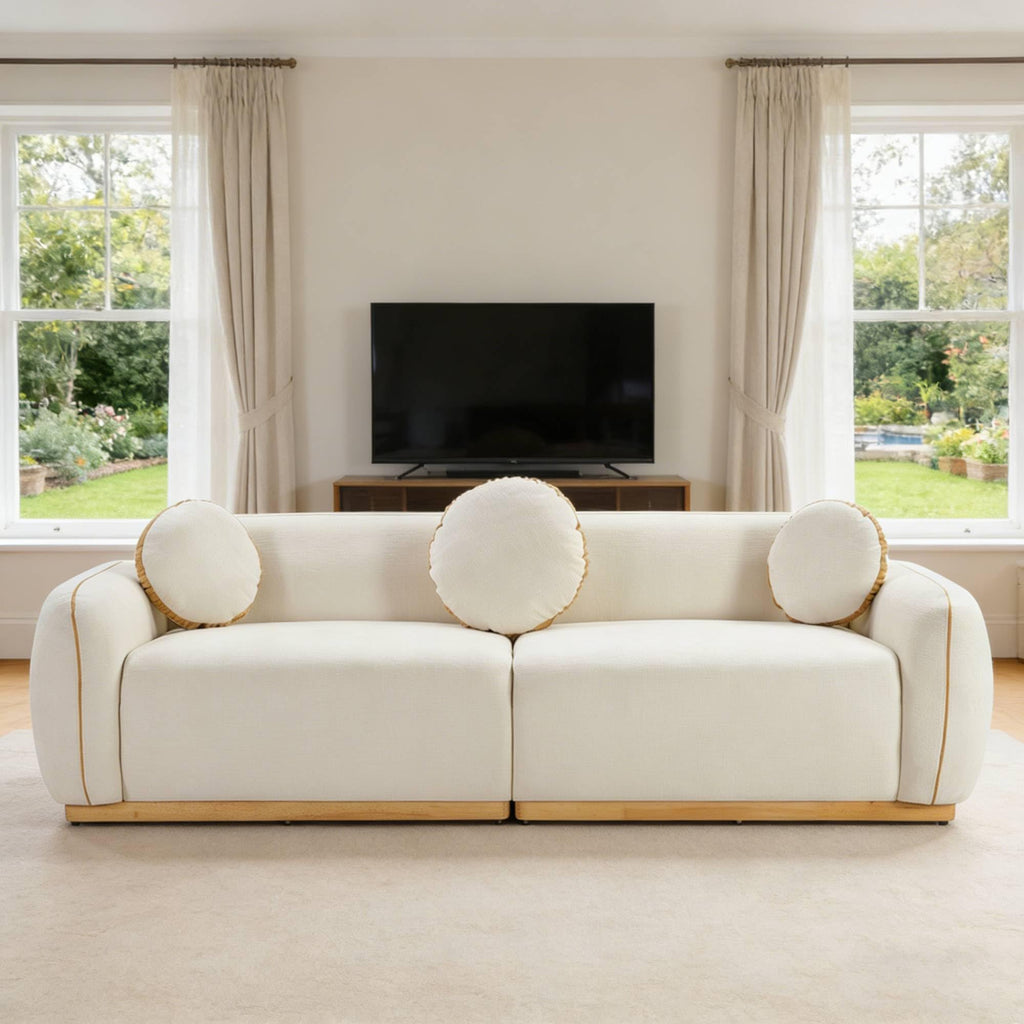 91" Modern Sofa, Upholstered Chenille Couch Curved Sectional Sofas with 3 Round Pillows, Luxury Deep-Seat Comfortable