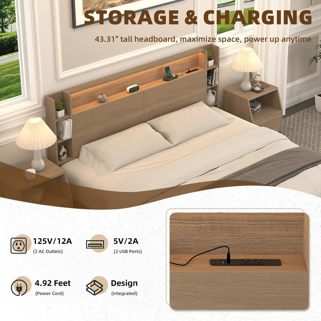 King Wall Mount Solid Wood Leg Headboard with Storage | Headboard Only,USB Charging,Rgb Light,Modern