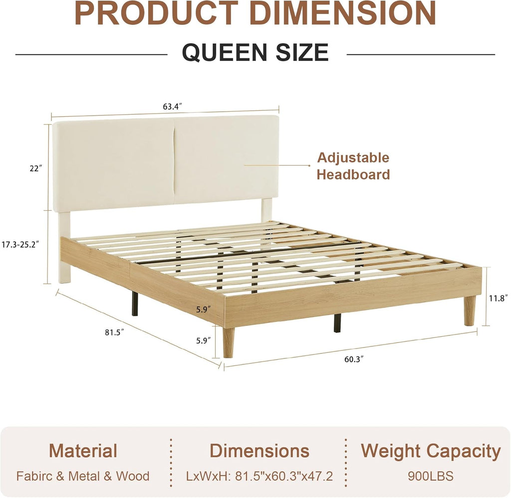 Queen Bed Frame Upholstered Platform Beds with Height-Adjustable Cotton and Linen Headboard, Heavy Duty Wood Slats