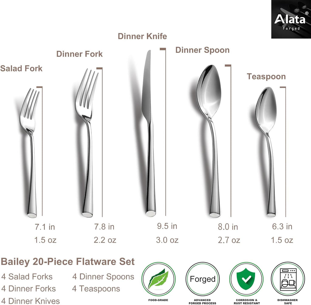 Bailey 20-Piece Forged Silverware Set Stainless Steel Flatware Set,Service for 4,Mirror Polished Cutlery Set