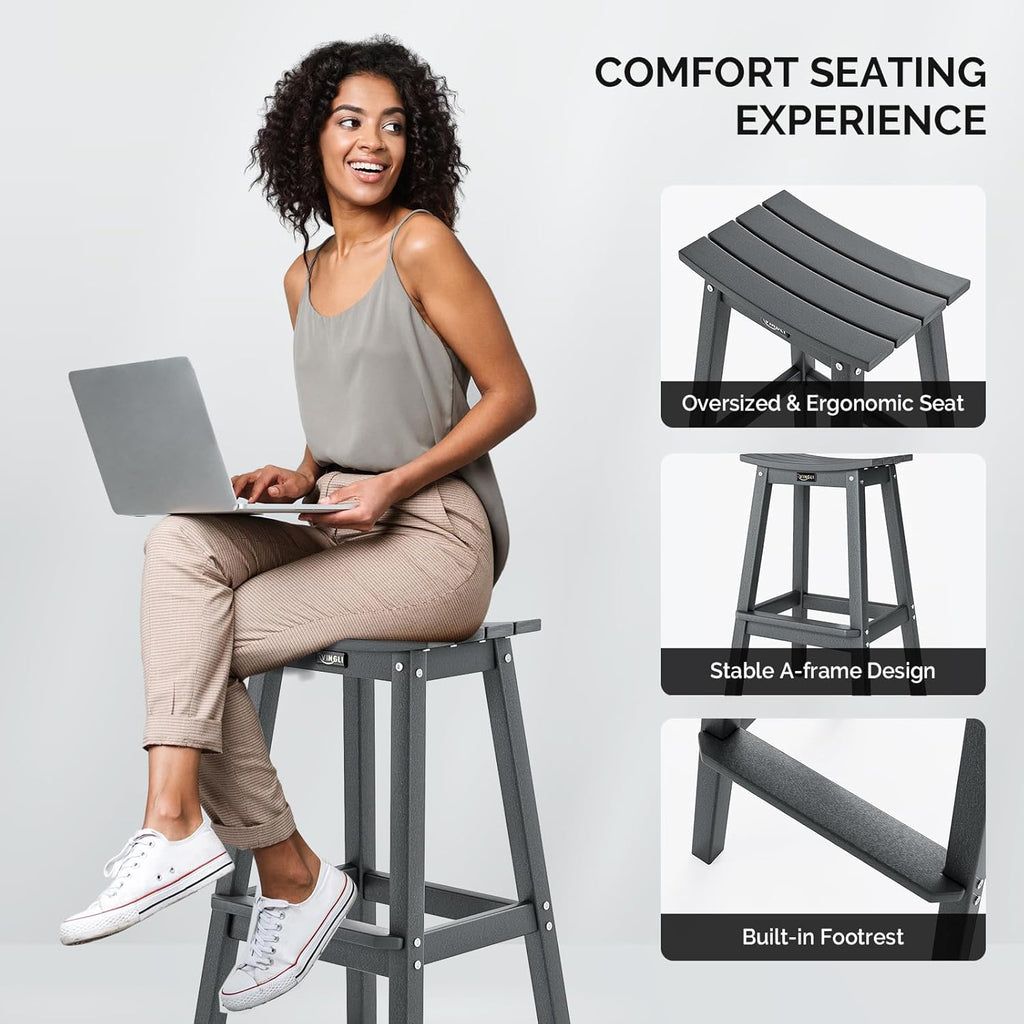 29" Outdoor Bar Stools Set of 2, HDPE Poly Lumber Bar Chairs with Footrest, Weather Resistant Patio Barstools