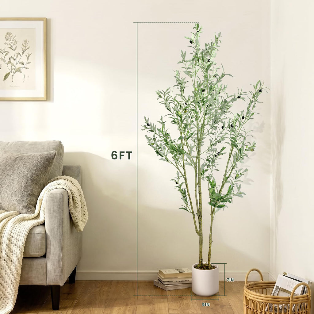 Fake Olive Tree 6FT Tall 1Pack with White Planter Decor