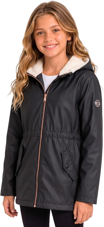 Girls Rain Jacket - Sherpa Lined Hood, Warm Waterproof Coat