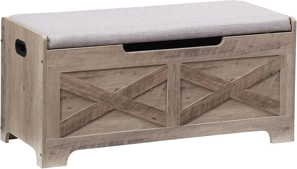 Storage Chest, Lift Top Storage Trunk with 2 Safety Hinges, Barn Style Organizer, Wooden Entryway Bench with Seat