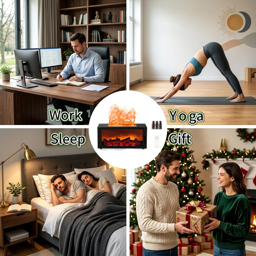 300ml Fireplace Flame Aromatherapy Diffuser Remote Timer 7 Color LED