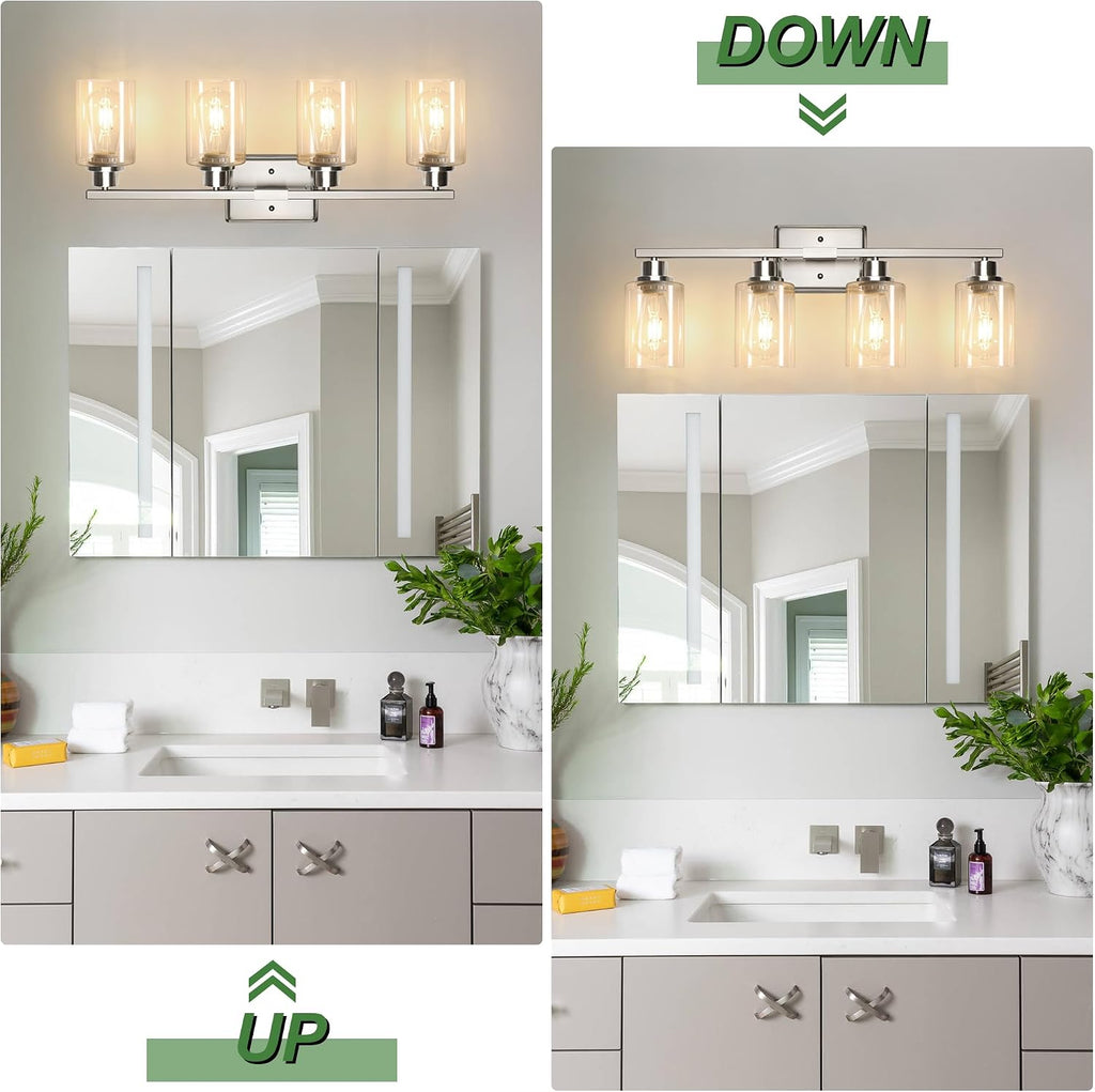 Bathroom Light Fixtures, 4-Light Vanity Lights with Clear Glass Shade, Modern Brushed Nickel Wall Light for Mirror