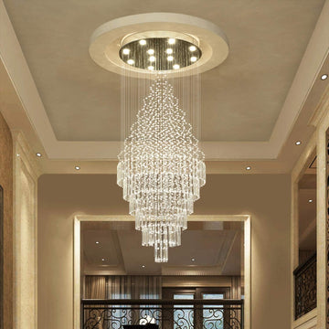 Luxury Large Foyer Chandelier, Modern 12-Lights Round Raindrop Crystal Chandeliers High Ceiling Flush Mount Light Fixtures for Hallway, Entryway, Stairs,Front Entrance D31.5 X H86.7