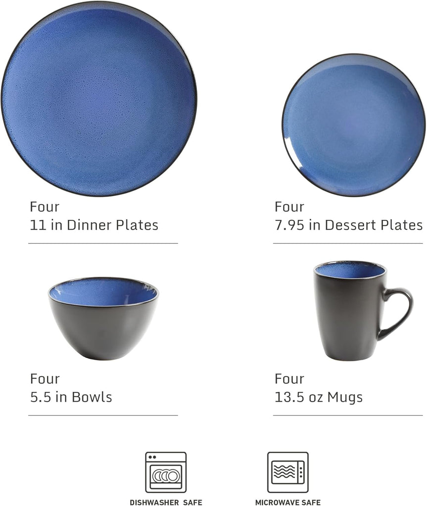 Soho Lounge Round Reactive Glaze Stoneware Dinnerware Set, Service for 4 (16pc), Blue, Soho Round