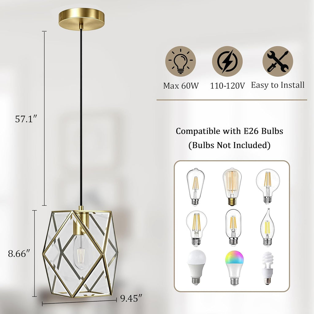 1-Light Modern Geometric Glass Pendant Light, Caged Hanging Light, Gold | Open Bottom Design, Stable Metal Frame