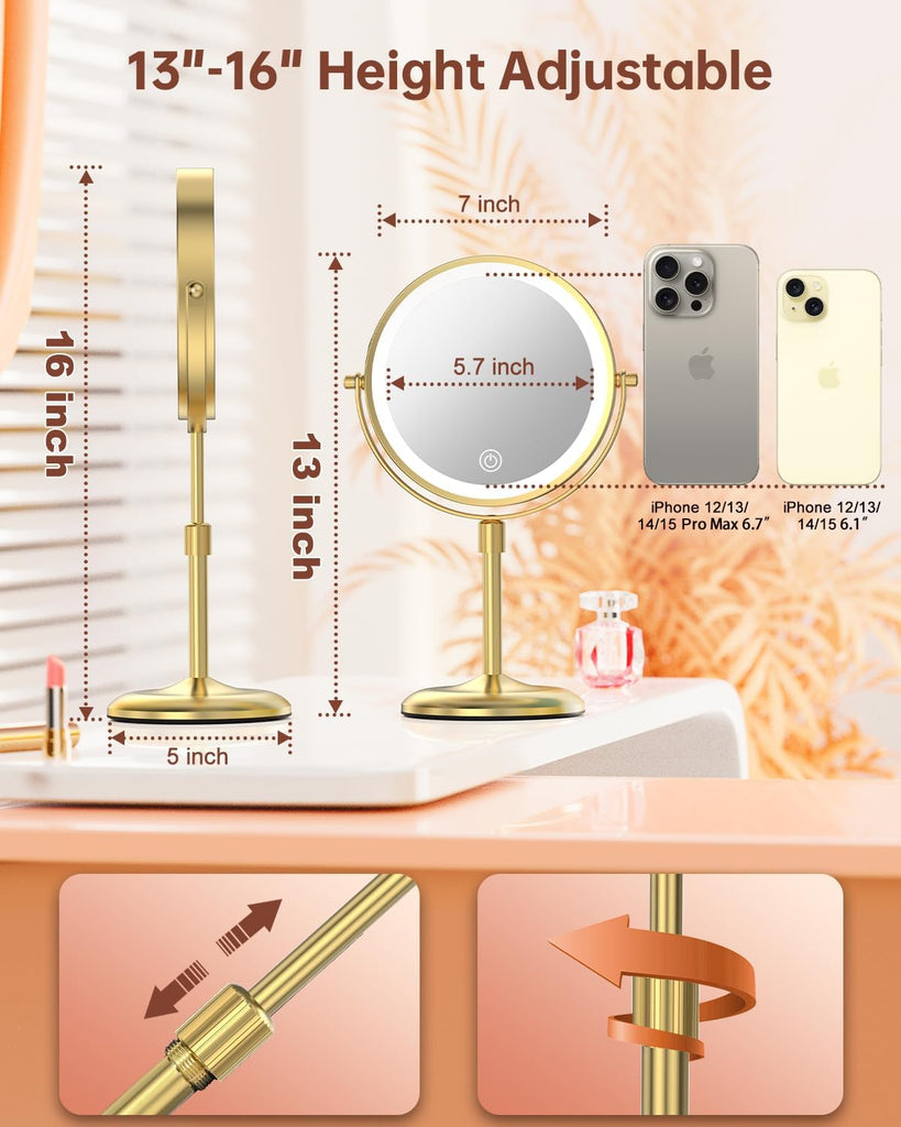7" Lighted Makeup Mirror with 3 Color Lights & 10X Magnification, Adjustable Brightness & Height, 360° Swivel