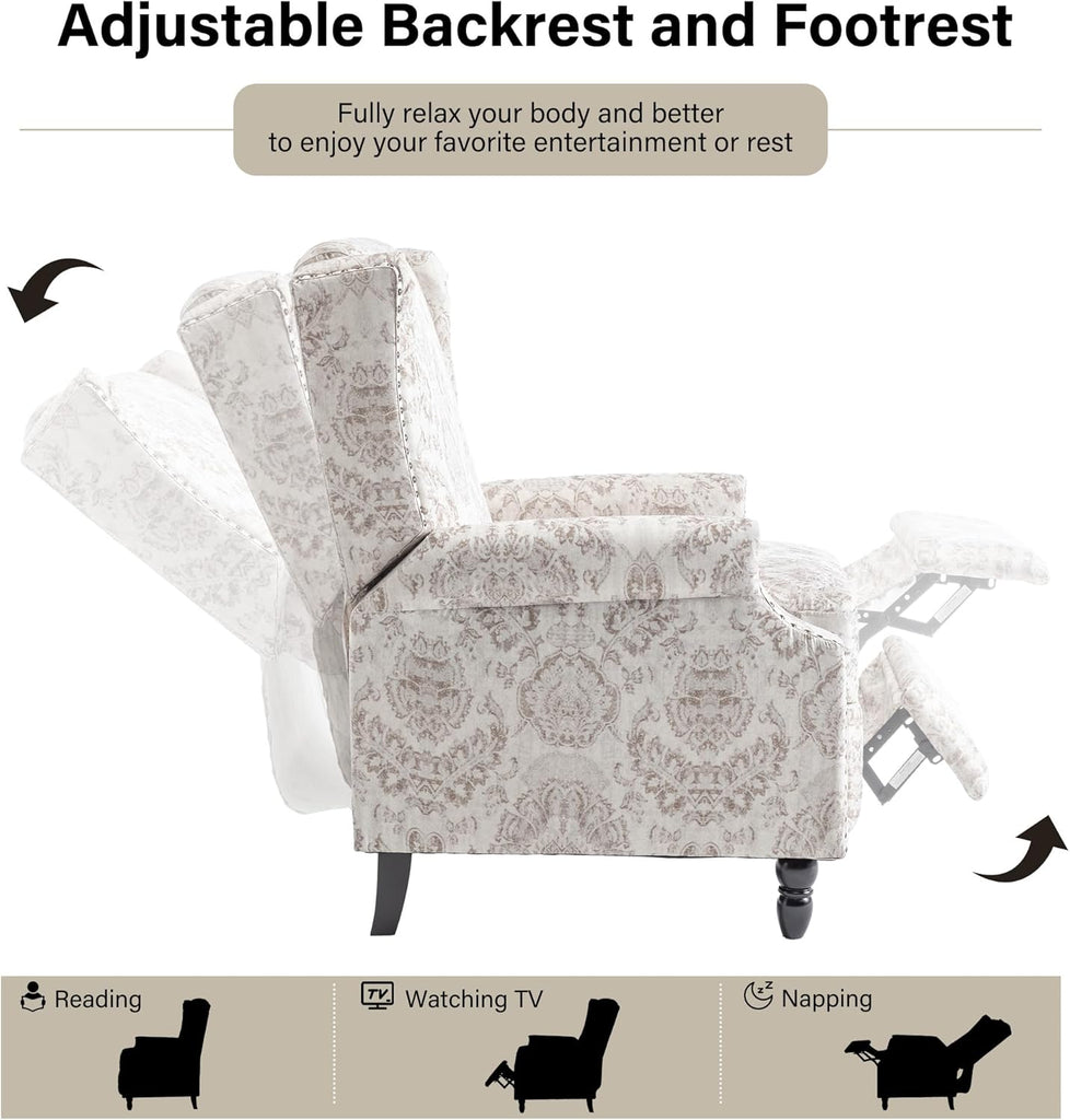 Wingback Floral Pushback Recliner Chair, Beige, Set of 1 | Cotton Linen Fabric | High-Density Foam Seat | Solid Wood