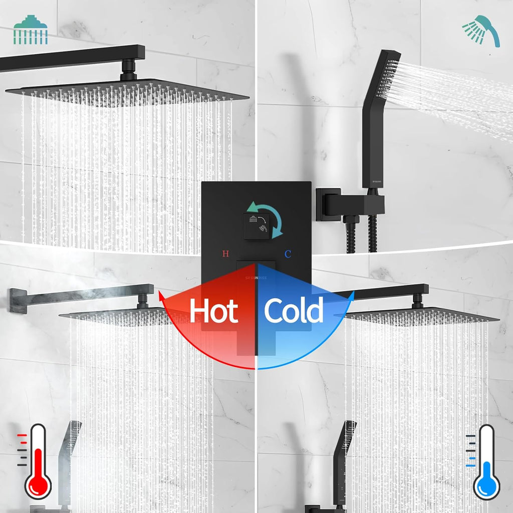 12 Inches Matte Black Shower System 12 Inch Brass Bathroom Luxury Rain Mixer Shower Combo Set Wall Mounted Rainfall