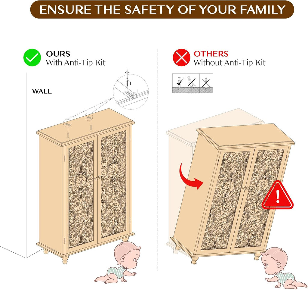 47" Tall Accent Cabinet with Carved Doors & Storage | Vertical Storage, Carved Floral Design, Mandala White Buffet