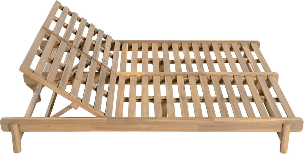 Double Outdoor Chaise Lounge Frame with 3-Position Adjustable Backrest, 2 Piece Acacia Wood Recliner Chair