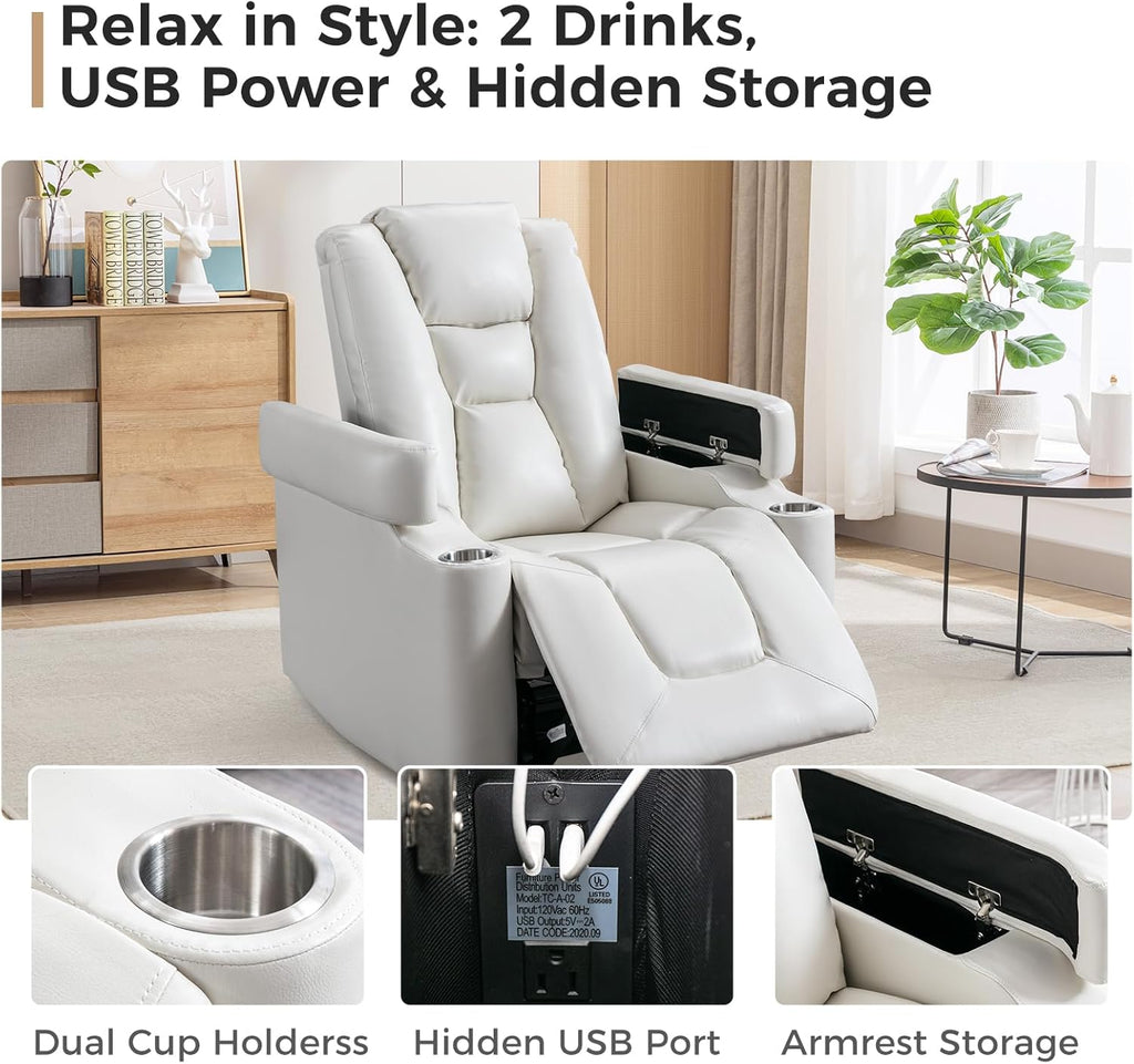 ANJ White Power Recliner Chair Electric Home Theater Seating Soft Leather Movie Chair for Living Room Overstuffed