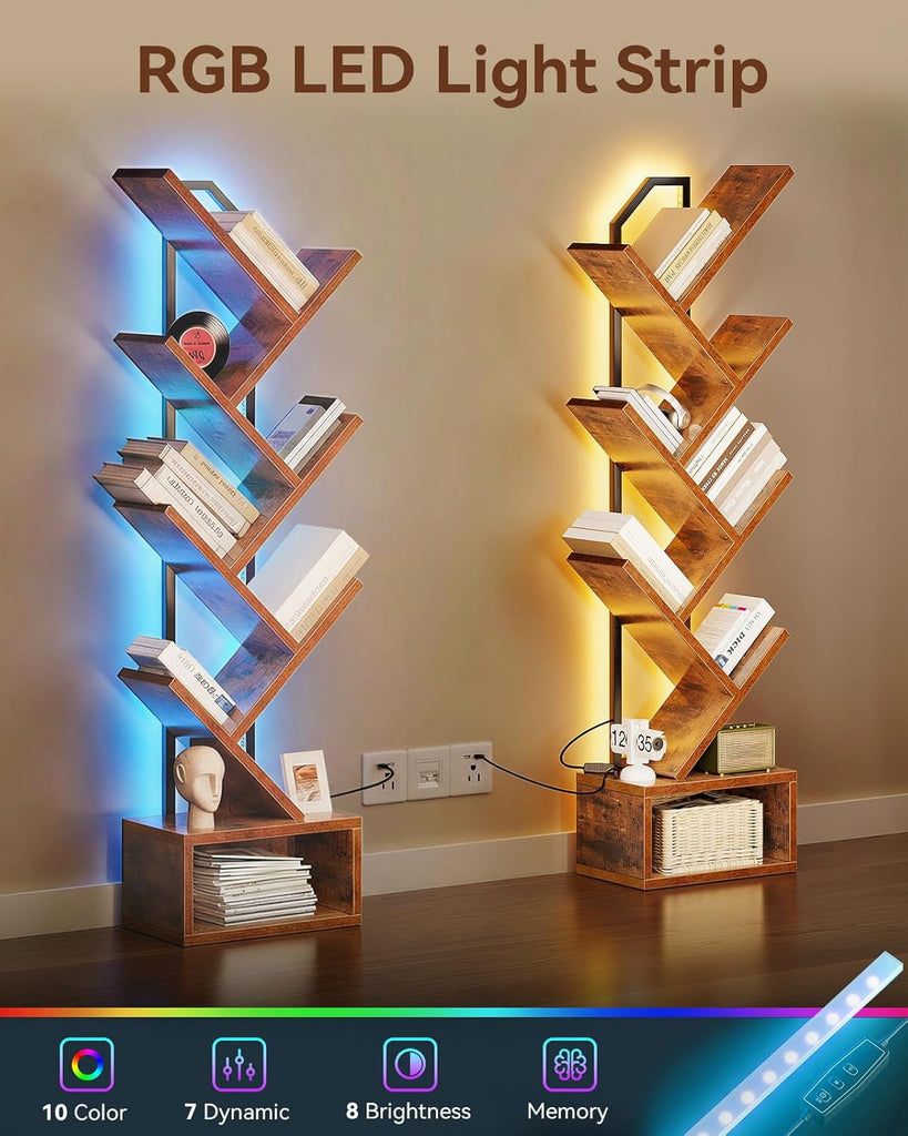 Tree Bookshelf with LED Lights, 6-Tier Narrow Bookcase for Small Spaces, Tall Steel & Wood Storage Shelf with Cabinet