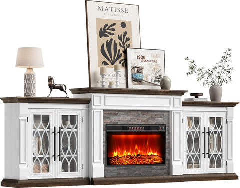 104 Inch Fireplace TV Stand for TVs up to 100 Inches, Entertainment Center with Storage and Mantel, Electric Fireplace Insert with 3D Flame Effect
