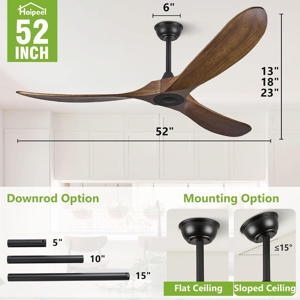 52 Inch Outdoor Ceiling Fan Without Light, 3 Blade Propeller Wood with Remote Control
