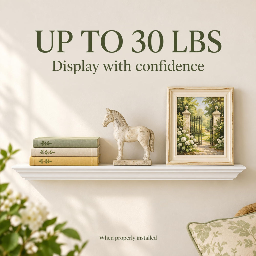 36" White Floating Shelf, Solid Pine Crown Molding Mantel Shelf