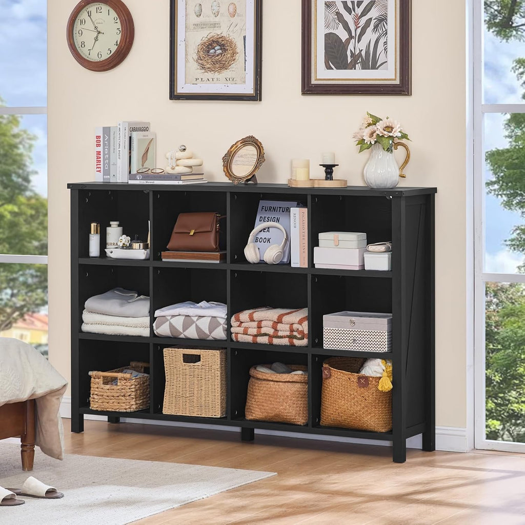 12 Cube Storage Organizer, Farmhouse 62 Inch Wide Black Oak Display Bookshelf, Wooden 3 Tier Large Open Book Shelf