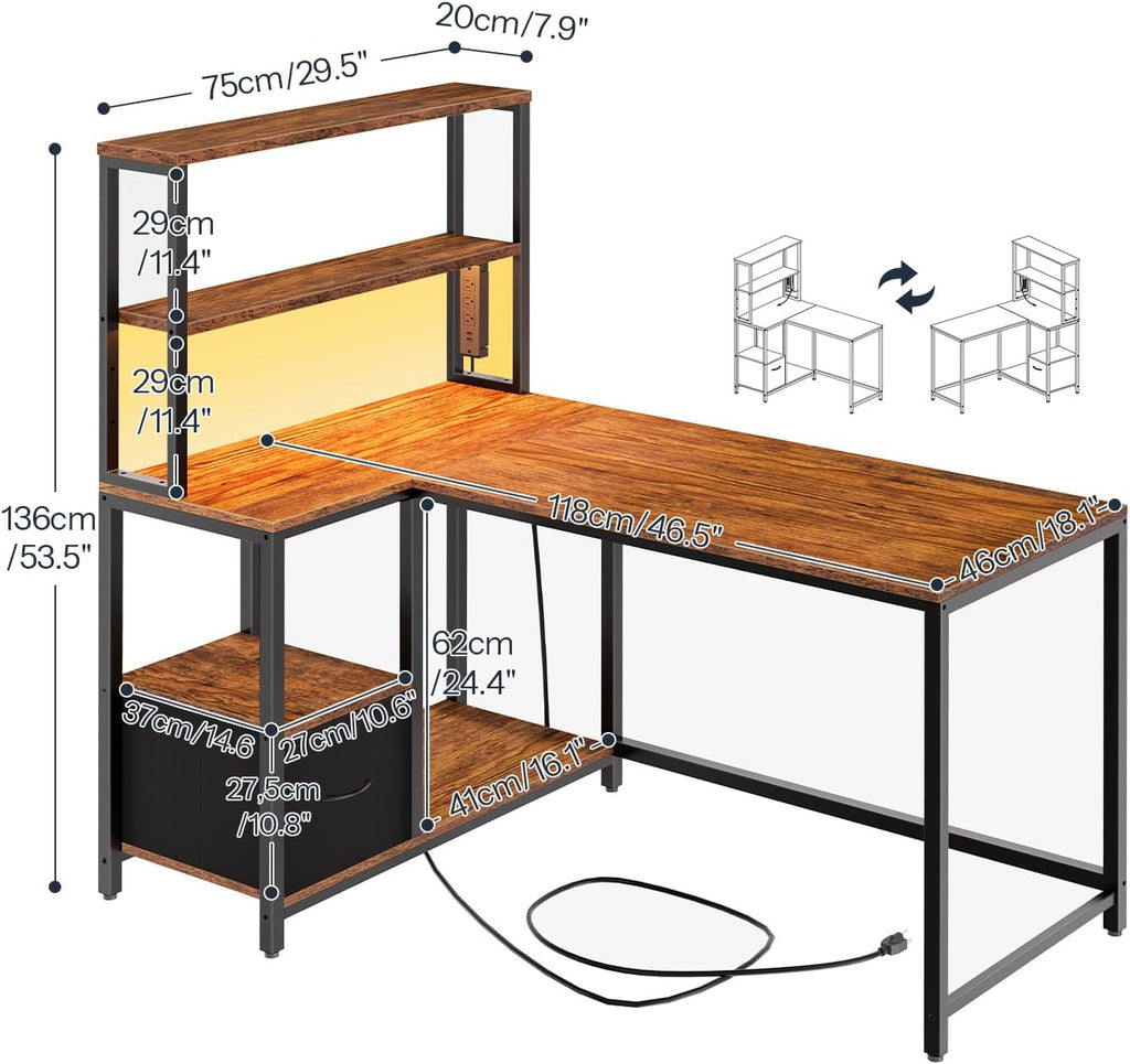 L Shaped Gaming Desk, 46 Inch Reversible Computer Desk with LED Light & Power Outlet