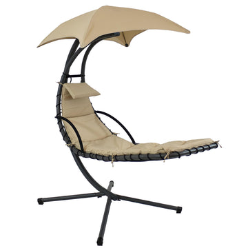 Floating Chaise Lounger Swing Chair with Umbrella Canopy - Curved Steel Hammock Lounge Chair with Cushion and Pillow